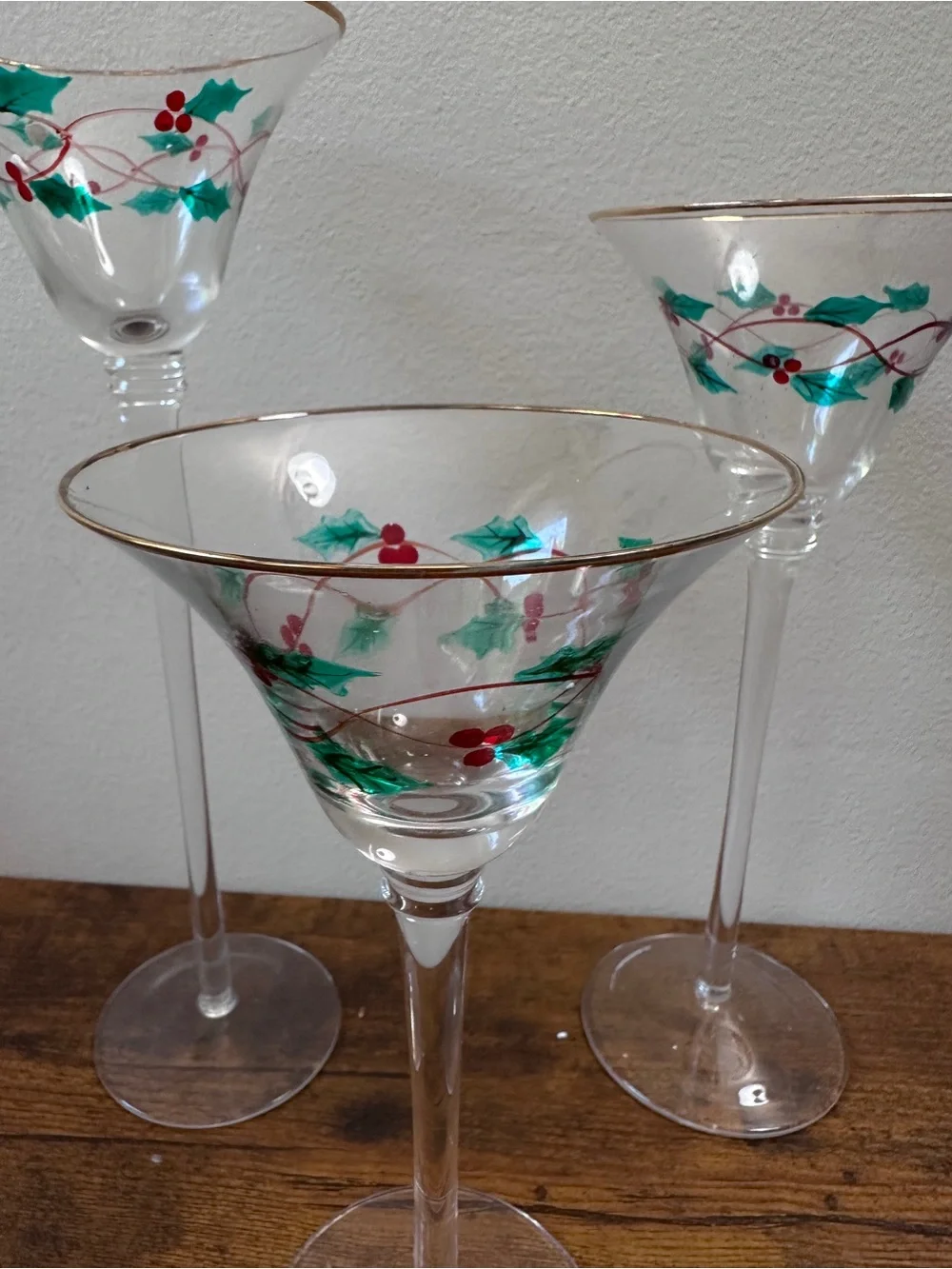 Trim A‎ Home Christmas Glass Voti­ve Candle Holders Tartan Ribbon Holly Set of 3